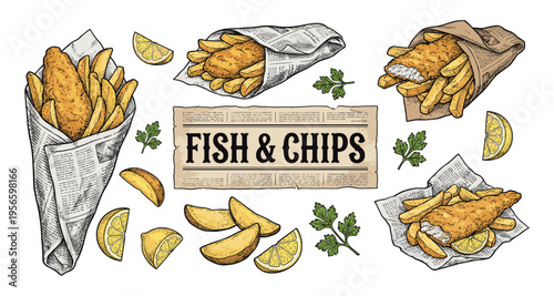Fish and chips set with lemon and fries vintage hand drawn color sketch