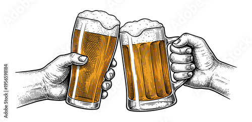 Two hands clinking beer mug and glass in vintage engraving