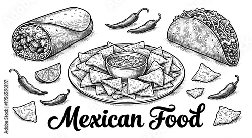 Mexican food set with taco burrito and nachos hand drawn sketch