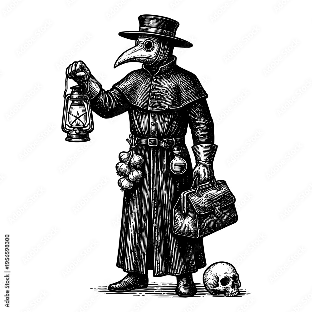 Fototapeta premium Plague doctor with lantern and skull in hand drawn vintage engraving