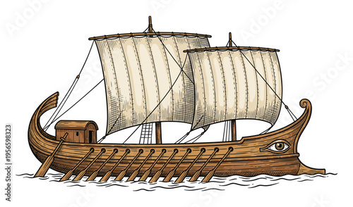 Ancient Greek trireme warship in hand drawn vintage engraving