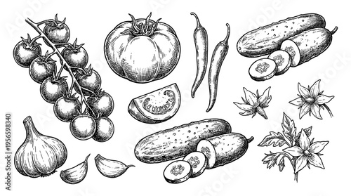 Vegetable set with tomato cherry cucumber garlic chili hand drawn