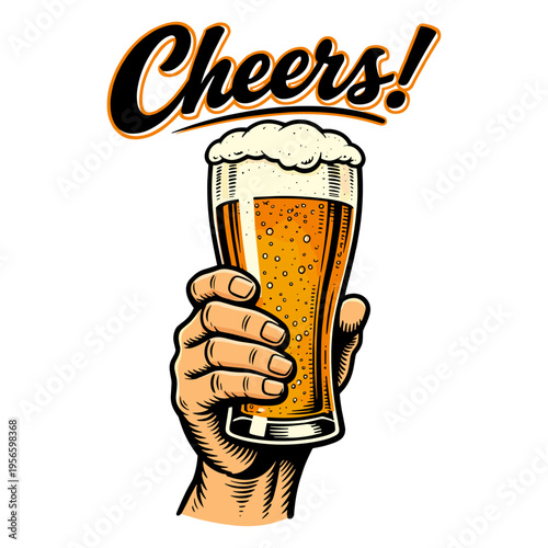 Cheers hand holding beer glass with foam vintage retro hand drawn
