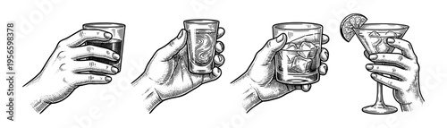 Hand holding alcohol glass set with whiskey and cocktail hand drawn