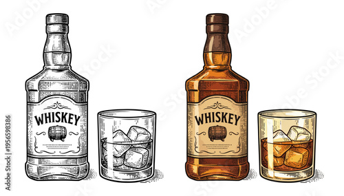 Whiskey bottle and glass set in colored and black and white engraving
