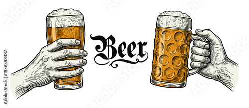 Oktoberfest beer toast with clinking mug and glass vintage engraving