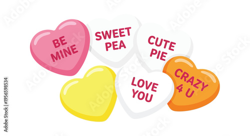 Colorful heart shaped candies with affectionate messages are displayed against a white background forming a playful silhouette high quality professional detailed modern