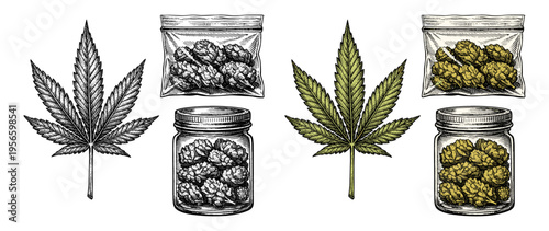 Cannabis set with leaf buds in jar and bag colored and black and white