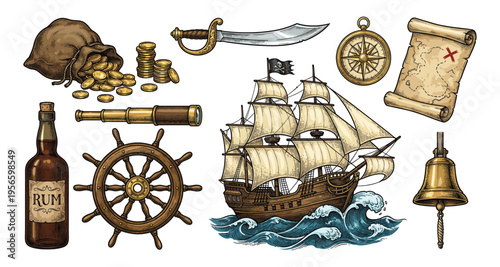 Pirate set with ship rum map coins steering wheel and spyglass