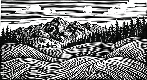Black and white woodcut landscape vector illustration, rural mountain scenery, pine forest, rolling hills, and rustic cabin house block print