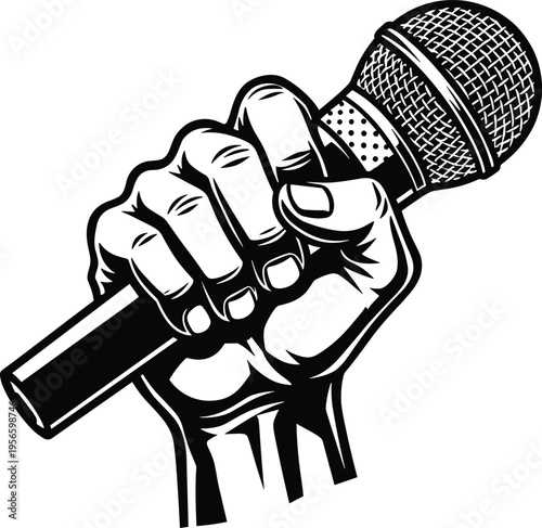 Hand tightly holding microphone vector illustration, black and white bold line art for podcast, live music, karaoke, and public speaking