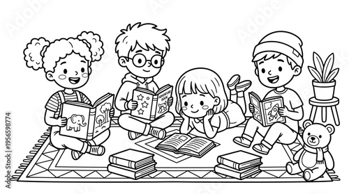 Children reading books on the floor.