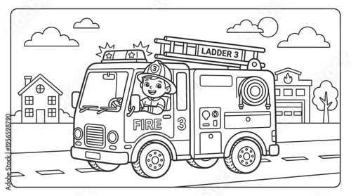 Fire Truck Driven by Smiling Cartoon Dog.