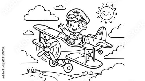 Little boy flying vintage airplane.