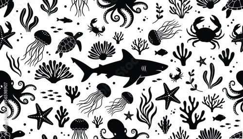 Seamless pattern of black and white ocean life silhouettes, featuring marine animals like shark, octopus, sea turtle, coral reef vector