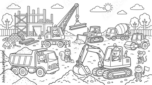 Excavator and construction vehicles at site.