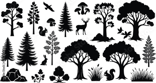 Silhouette of forest animals and trees isolated on transparent background