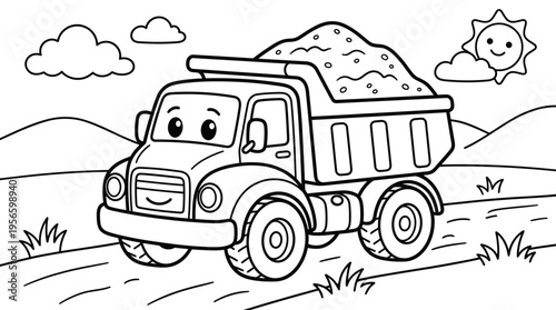 Smiling cartoon dump truck with load.
