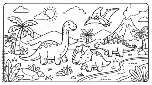 Dinosaur Trio in Prehistoric Landscape Scene.