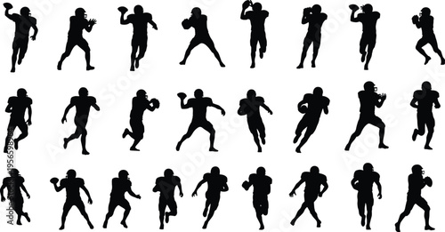 Set of American football player silhouettes, black vector icons, sports athletes running, throwing, and catching ball in action poses designSet of American football player silhouettes