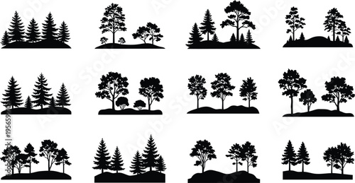 Collection of tree silhouettes isolated on transparent background