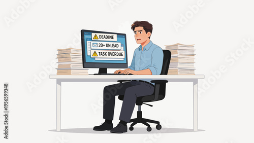 Stressed man working on computer with deadlines