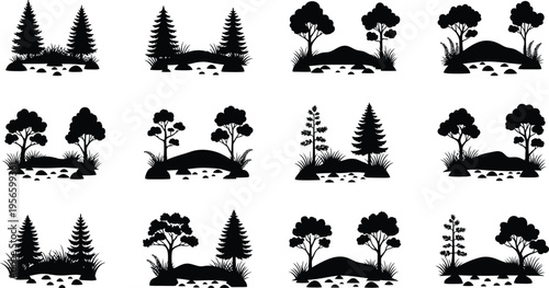 Silhouette of various trees and houses isolated on transparent background