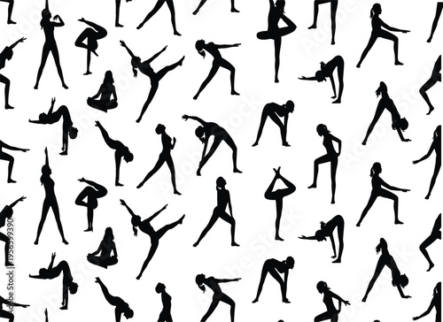 Set of black female silhouettes practicing yoga poses, stretching exercises, and fitness workouts isolated on a white background vector illustration