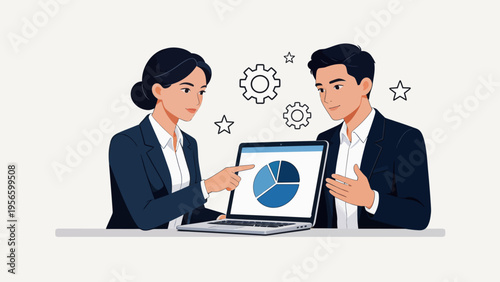 Business people discussing data on laptop