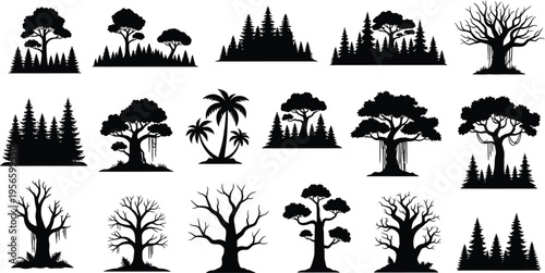 Collection of tree silhouettes isolated on transparent background