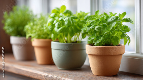 Fresh herb garden in kitchen windowsill for cooking inspiration