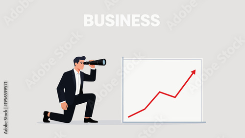 Businessman with binoculars and growth chart