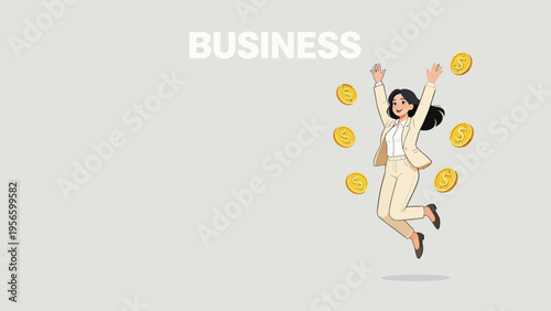 Businesswoman jumping with coins