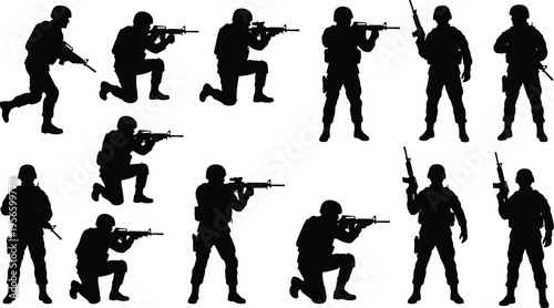 Set of black military soldier silhouettes holding rifles, armed forces tactical squad in action combat poses vector graphic design elements