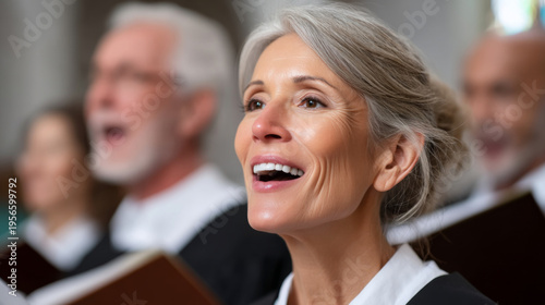 Joyful choir singing in church with hymn books and robes for spiritual celebration