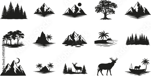 Collection of tropical island and wildlife silhouettes isolated on transparent background