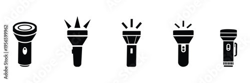 Flashlight icon set. Portable torch and emergency lamp symbols, minimal flat vector isolated on white background