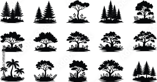 Collection of tree silhouettes isolated on transparent background