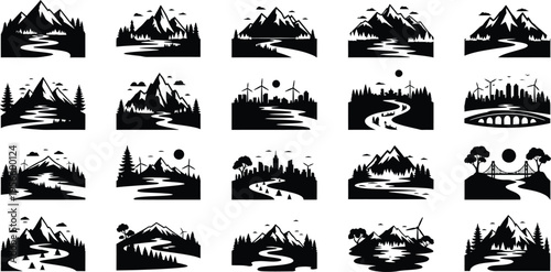 Collection of silhouette mountain landscape icons isolated on transparent background