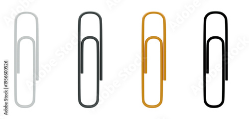 Set of paper clips in silver, white, gold and black colors isolated on white background, office stationery collection