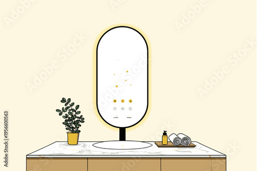 Levitating Futuristic Smart Mirror in Minimalist Bathroom