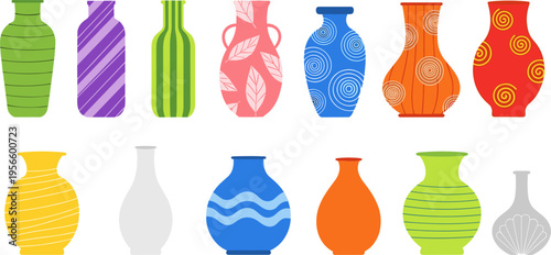 Decorative Vase Collection with Colorful Ceramic Pottery Designs for Home Interior Decoration Floral Arrangement and Modern Artistic Craft Illustration Set
