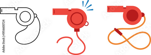Emergency Whistle Icon Set with Safety Alarm Signal Tools for Rescue Training Security Awareness and Outdoor Survival Equipment Vector Illustration