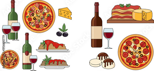Italian Food and Wine Set with Pizza Pasta Cheese and Red Wine Glasses for Restaurant Menu Design Culinary Illustration and Mediterranean Cuisine Concept
