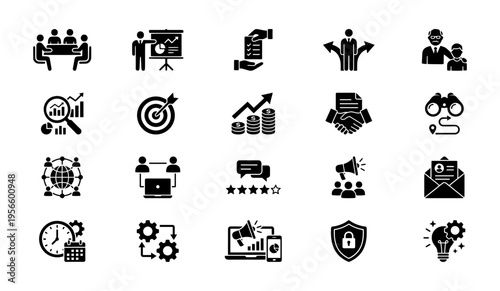 Set of 20 Business and Professional Glyph Icons, Minimalist Solid Black Icons for Corporate Management, Finance, Communication, and Productivity Workflow