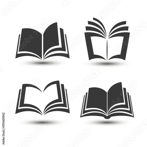 Collection of four stylized open book icons, symbolizing knowledge, learning, and education, presented in a clean, modern graphic style