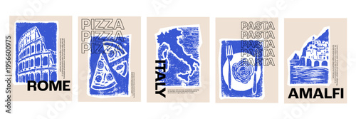Vintage italian travel poster set with rome colosseum pizza italy map pasta and amalfi coast illustrations in retro linocut print style