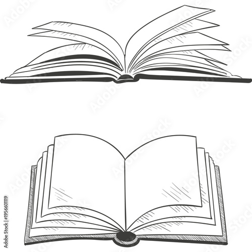 Hand-drawn sketch illustration of open books, one with pages fluttering, symbolizing learning, education, and the power of knowledge and storytelling