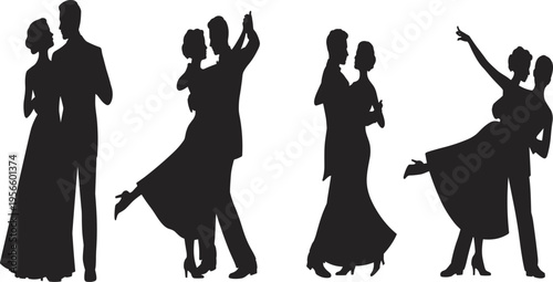 Elegant couple dancing silhouettes, ballroom dance partners in romantic pose, graceful movement, black and white illustration isolated on background