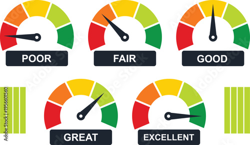 Gauge meter ratings with colorful segments and labels